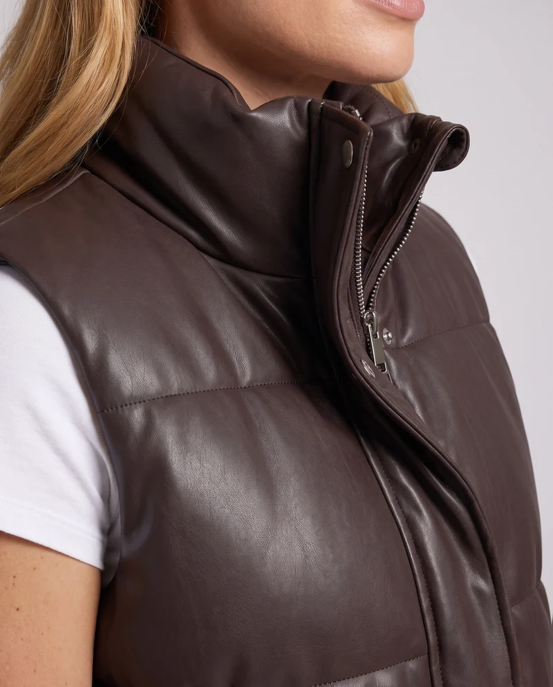 Damen oversized gepolstertes Kunstlederweste mit hohem Schal-Kragen und Zwei-Wege-Reißverschluss