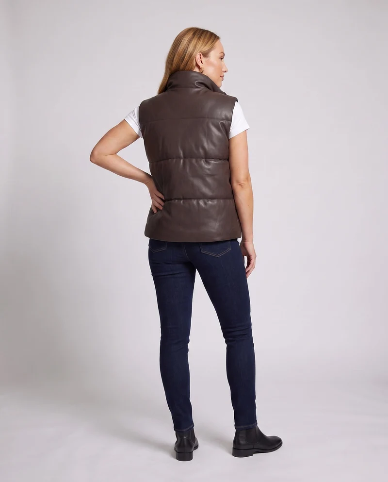 Damen oversized gepolstertes Kunstlederweste mit hohem Schal-Kragen und Zwei-Wege-Reißverschluss