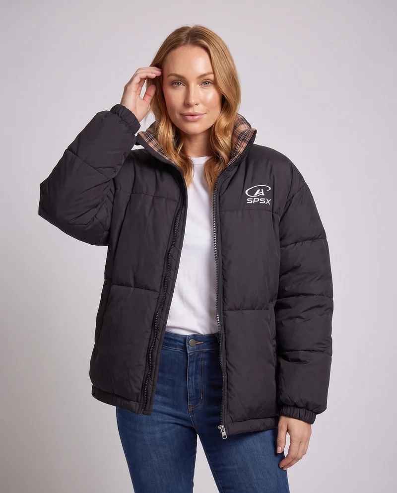 Damen übergroße gepolsterte kurze Daunenjacke mit hochstehendem Kragen und praktischen Seitentaschen