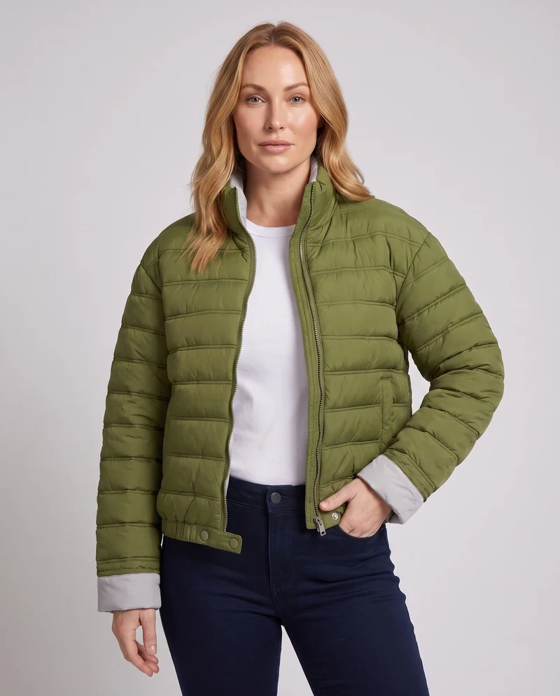 Damen packbare ultraleichte Mikrokanyl-Jacke mit zwei-Wege-Reißverschluss und elastischem Saum
