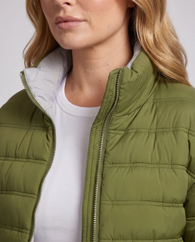 Damen packbare ultraleichte Mikrokanyl-Jacke mit zwei-Wege-Reißverschluss und elastischem Saum