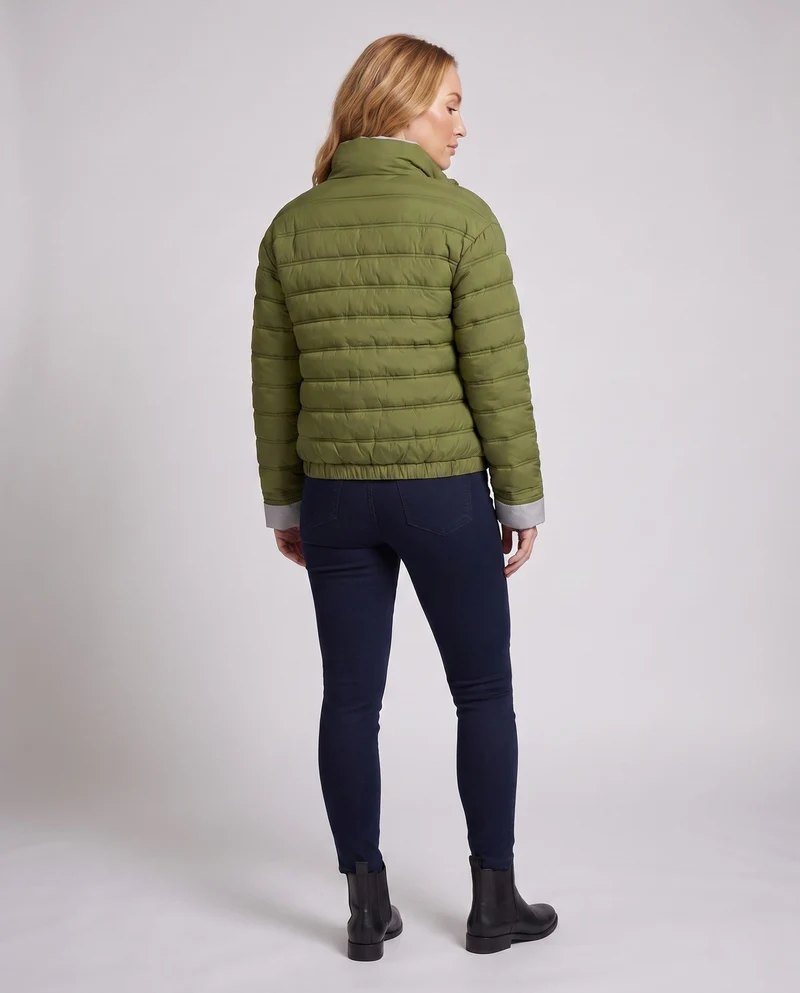 Damen packbare ultraleichte Mikrokanyl-Jacke mit zwei-Wege-Reißverschluss und elastischem Saum