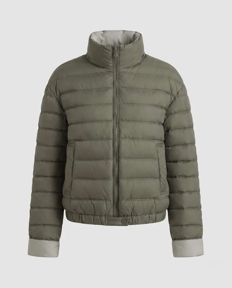 Damen packbare ultraleichte Mikrokanyl-Jacke mit zwei-Wege-Reißverschluss und elastischem Saum