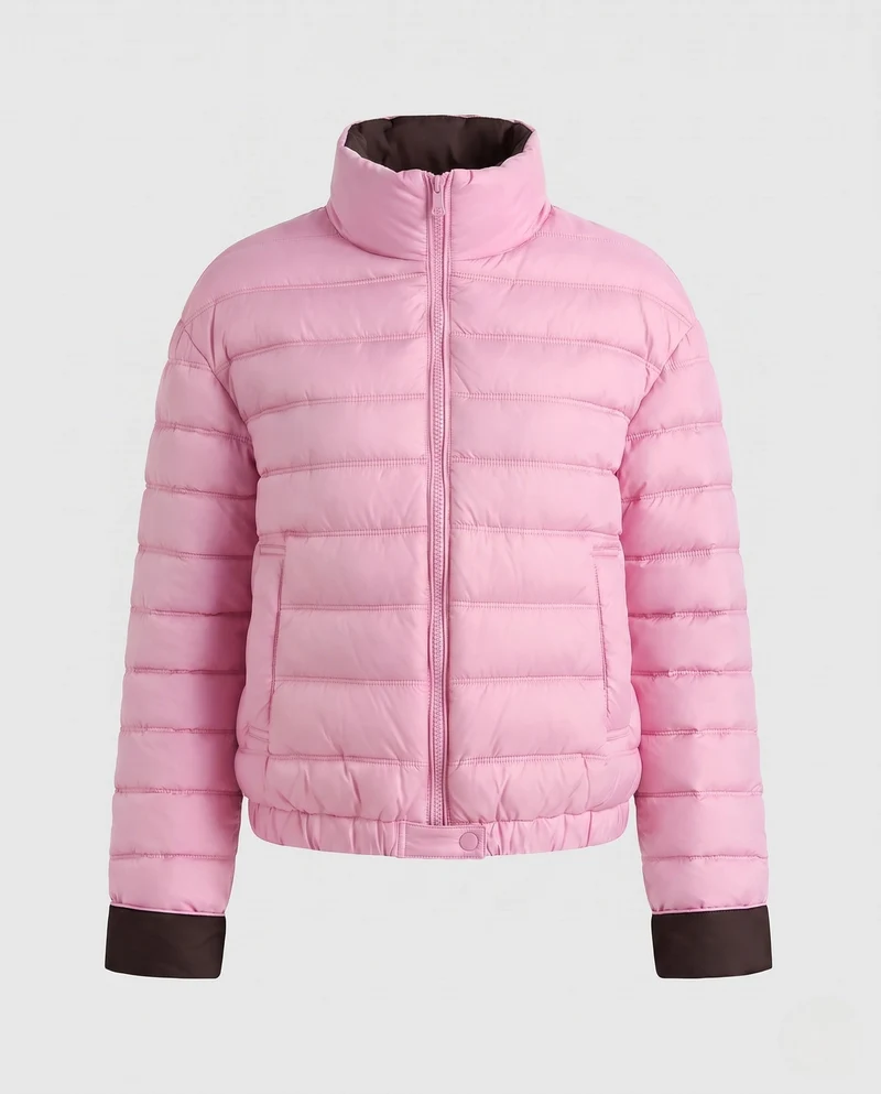 Damen packbare ultraleichte Mikrokanyl-Jacke mit zwei-Wege-Reißverschluss und elastischem Saum