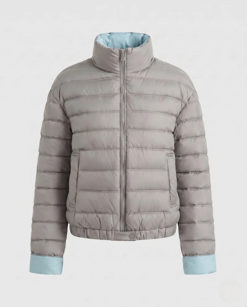 Damen packbare ultraleichte Mikrokanyl-Jacke mit zwei-Wege-Reißverschluss und elastischem Saum