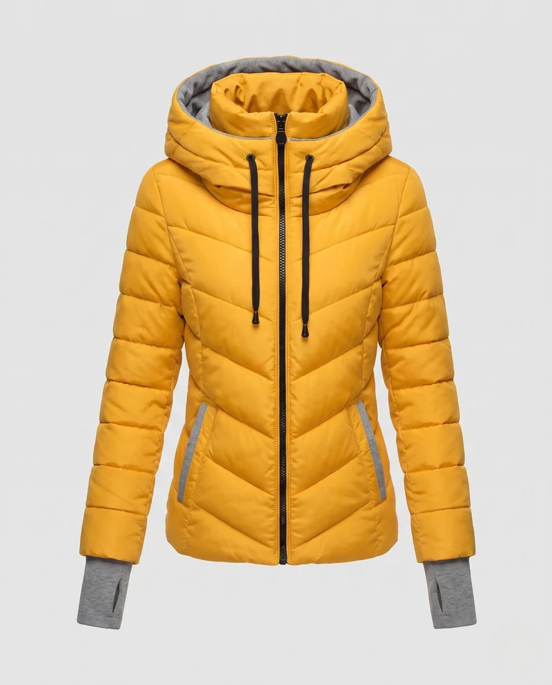 Damen maßgeschneiderte gesteppte Kapuzenjacke mit hohem Kragen, zwei-Wege-Reißverschluss und ergonomischer Chevron-Steppung