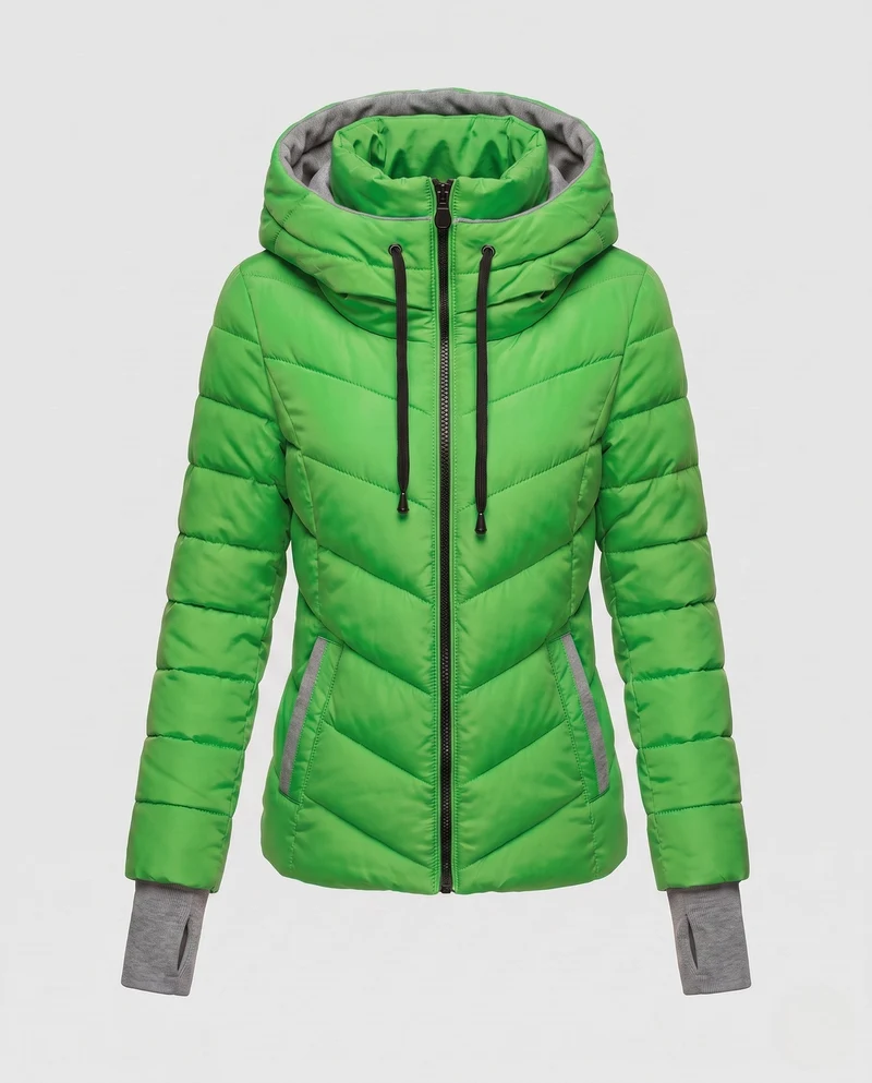 Damen maßgeschneiderte gesteppte Kapuzenjacke mit hohem Kragen, zwei-Wege-Reißverschluss und ergonomischer Chevron-Steppung