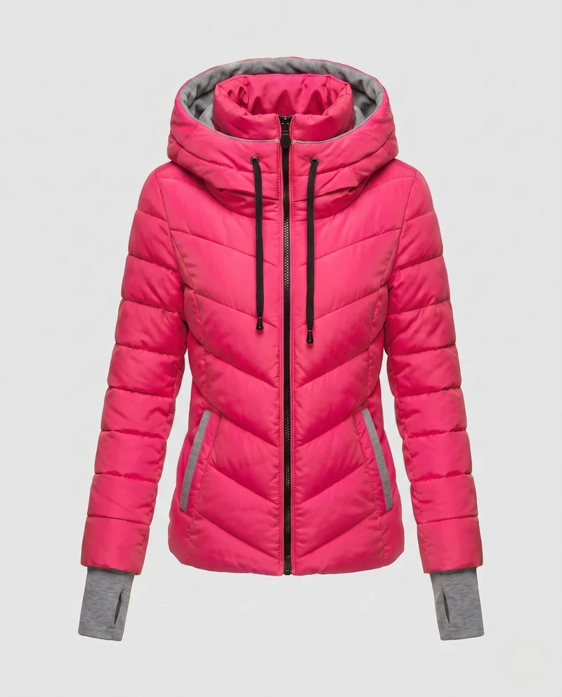 Damen maßgeschneiderte gesteppte Kapuzenjacke mit hohem Kragen, zwei-Wege-Reißverschluss und ergonomischer Chevron-Steppung