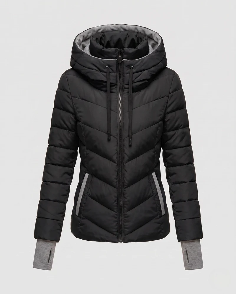 Damen maßgeschneiderte gesteppte Kapuzenjacke mit hohem Kragen, zwei-Wege-Reißverschluss und ergonomischer Chevron-Steppung