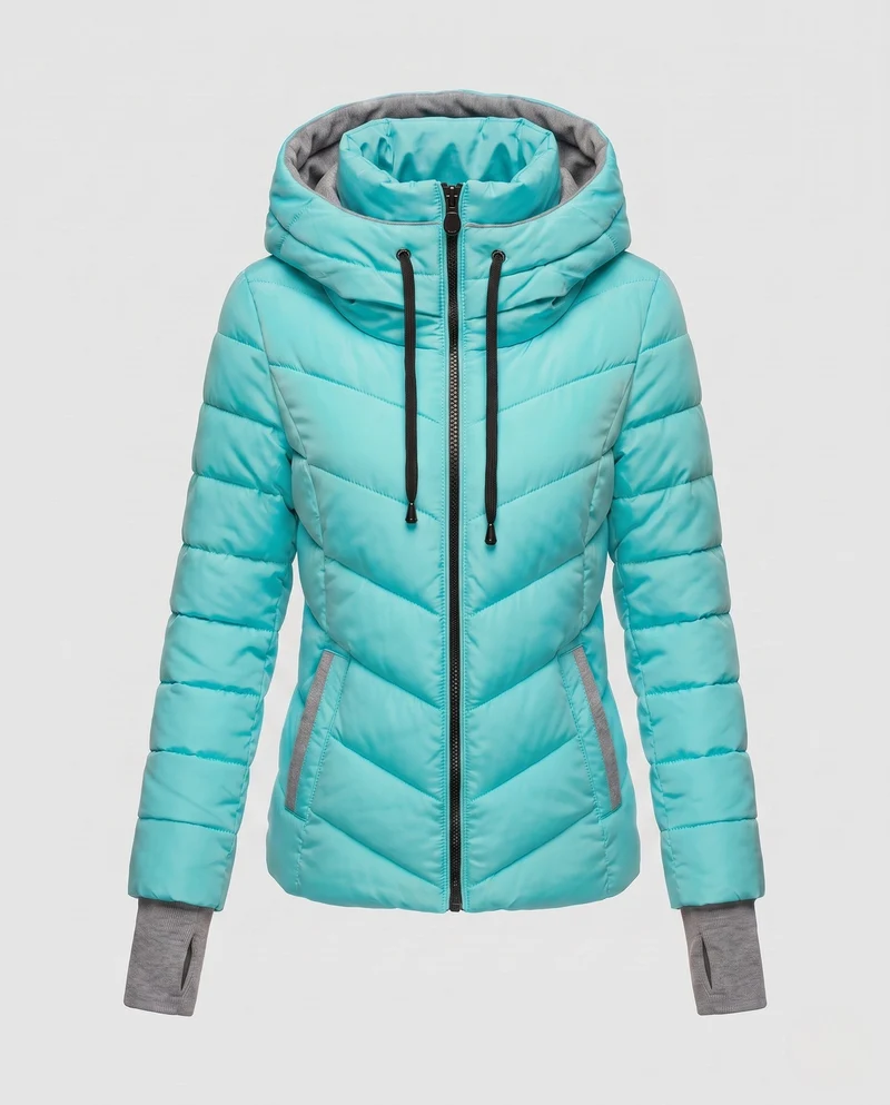 Damen maßgeschneiderte gesteppte Kapuzenjacke mit hohem Kragen, zwei-Wege-Reißverschluss und ergonomischer Chevron-Steppung