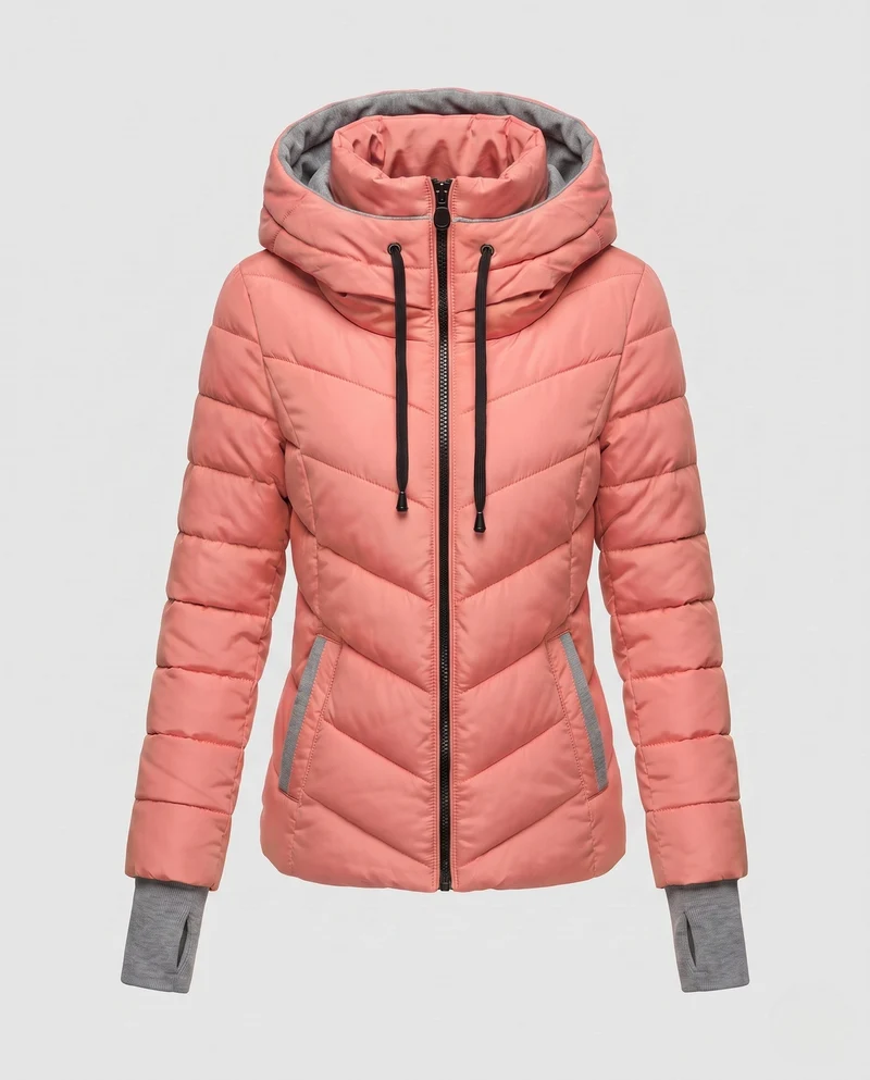 Damen maßgeschneiderte gesteppte Kapuzenjacke mit hohem Kragen, zwei-Wege-Reißverschluss und ergonomischer Chevron-Steppung
