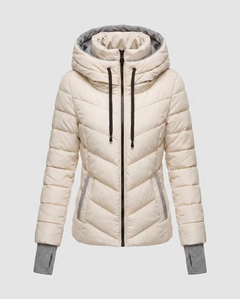 Damen maßgeschneiderte gesteppte Kapuzenjacke mit hohem Kragen, zwei-Wege-Reißverschluss und ergonomischer Chevron-Steppung