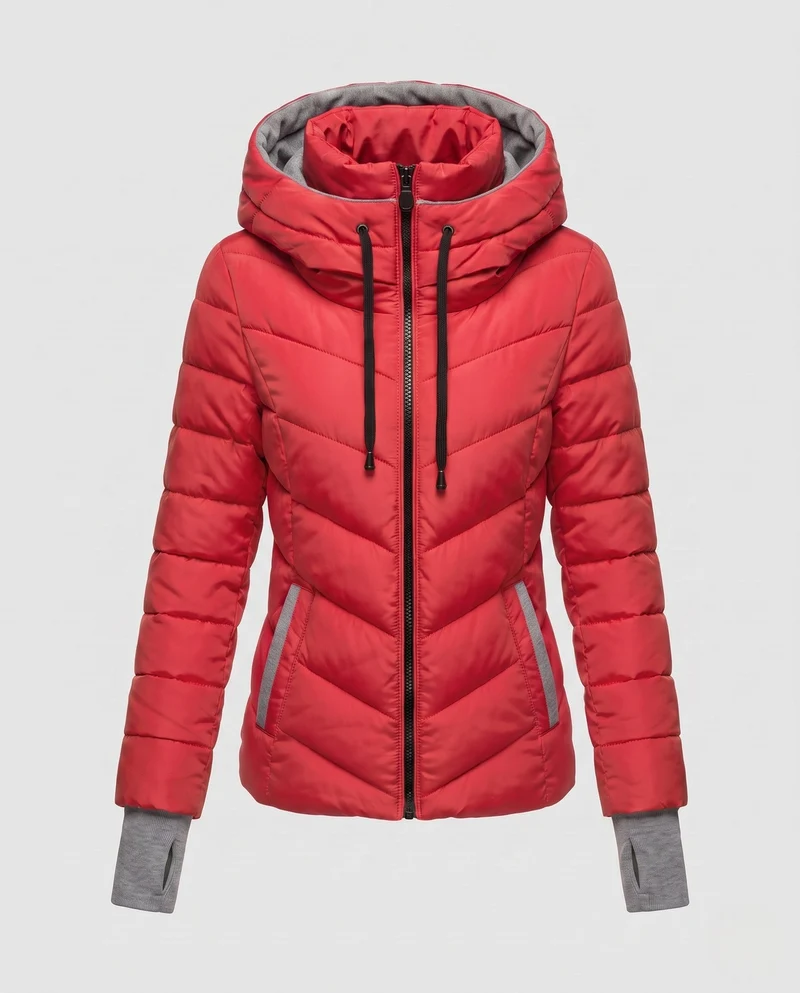 Damen maßgeschneiderte gesteppte Kapuzenjacke mit hohem Kragen, zwei-Wege-Reißverschluss und ergonomischer Chevron-Steppung