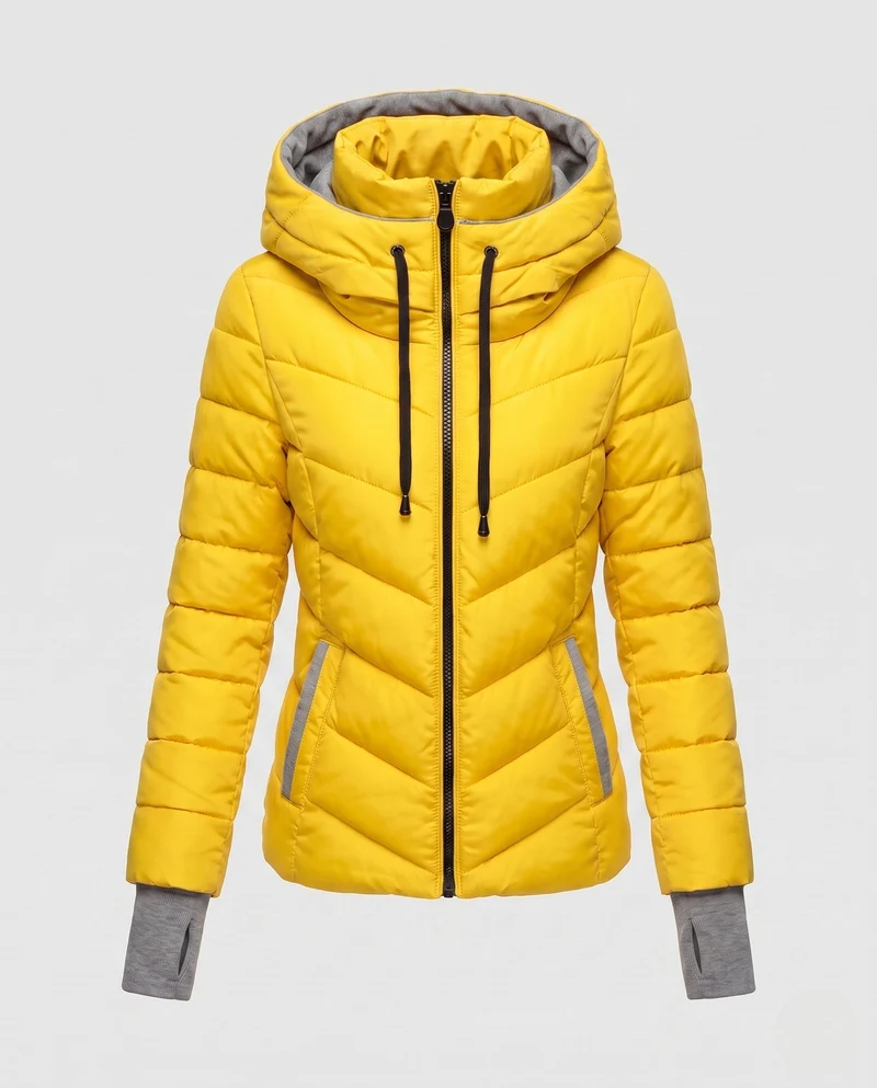 Damen maßgeschneiderte gesteppte Kapuzenjacke mit hohem Kragen, zwei-Wege-Reißverschluss und ergonomischer Chevron-Steppung