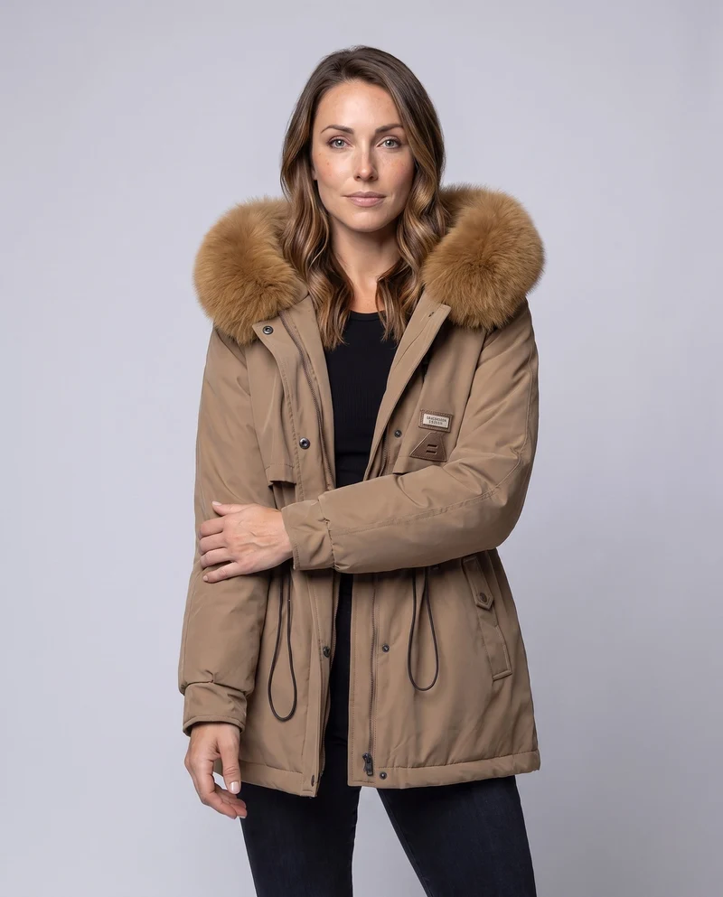 Damen maßgeschneiderter Parka mit voluminösem Faux-Fur-Kragen, Kordelzugtaille und verdeckter Windblende