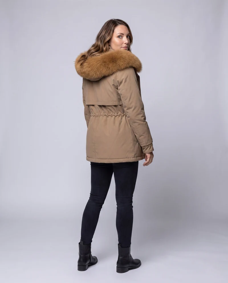 Damen maßgeschneiderter Parka mit voluminösem Faux-Fur-Kragen, Kordelzugtaille und verdeckter Windblende