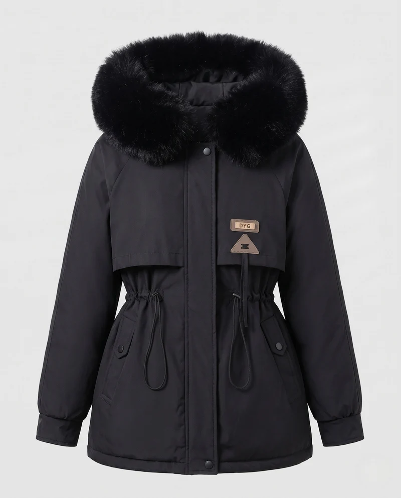 Damen maßgeschneiderter Parka mit voluminösem Faux-Fur-Kragen, Kordelzugtaille und verdeckter Windblende