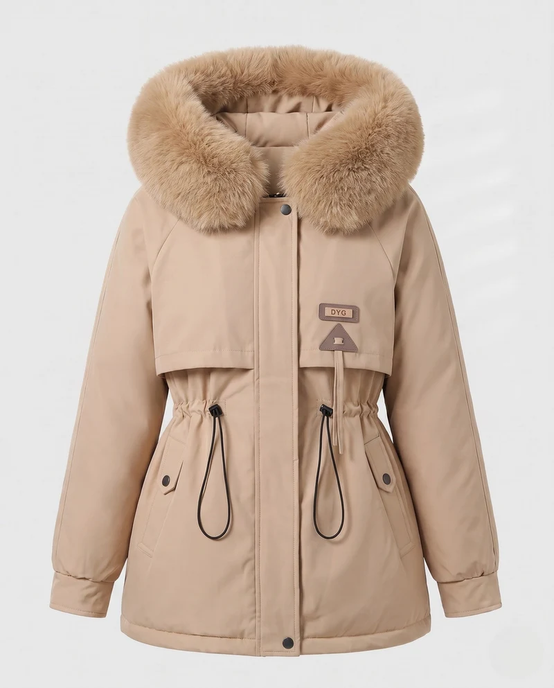 Damen maßgeschneiderter Parka mit voluminösem Faux-Fur-Kragen, Kordelzugtaille und verdeckter Windblende