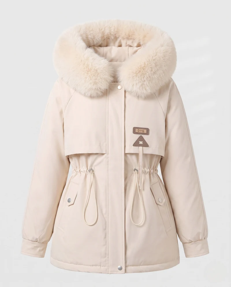Damen maßgeschneiderter Parka mit voluminösem Faux-Fur-Kragen, Kordelzugtaille und verdeckter Windblende