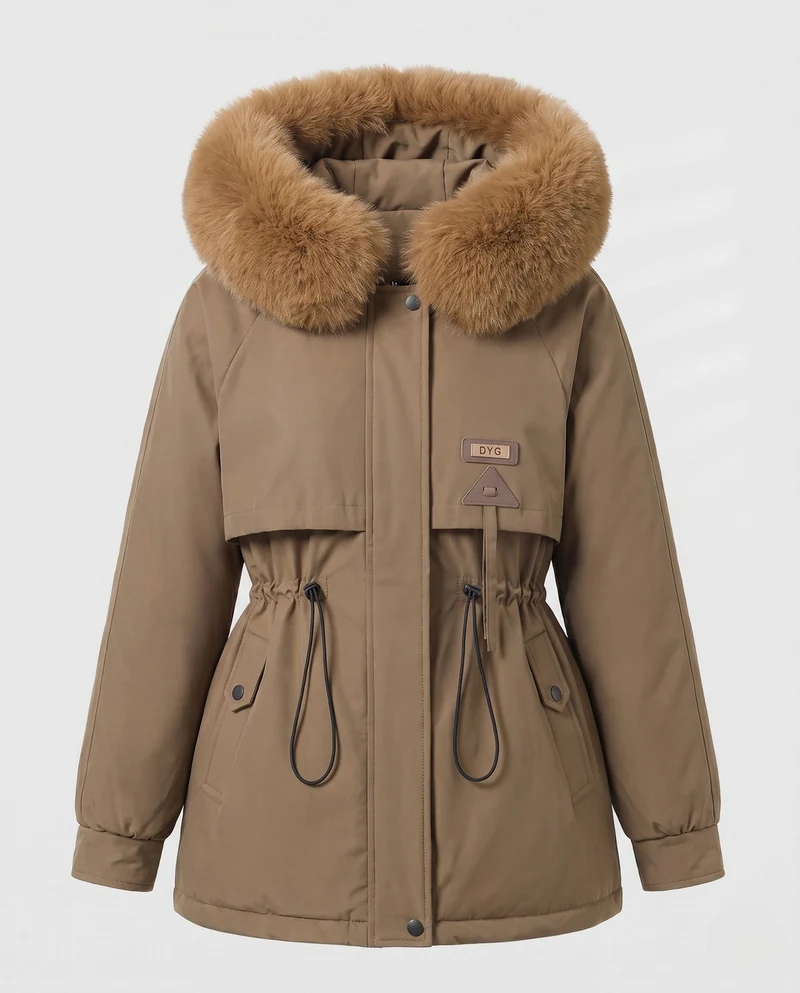 Damen maßgeschneiderter Parka mit voluminösem Faux-Fur-Kragen, Kordelzugtaille und verdeckter Windblende