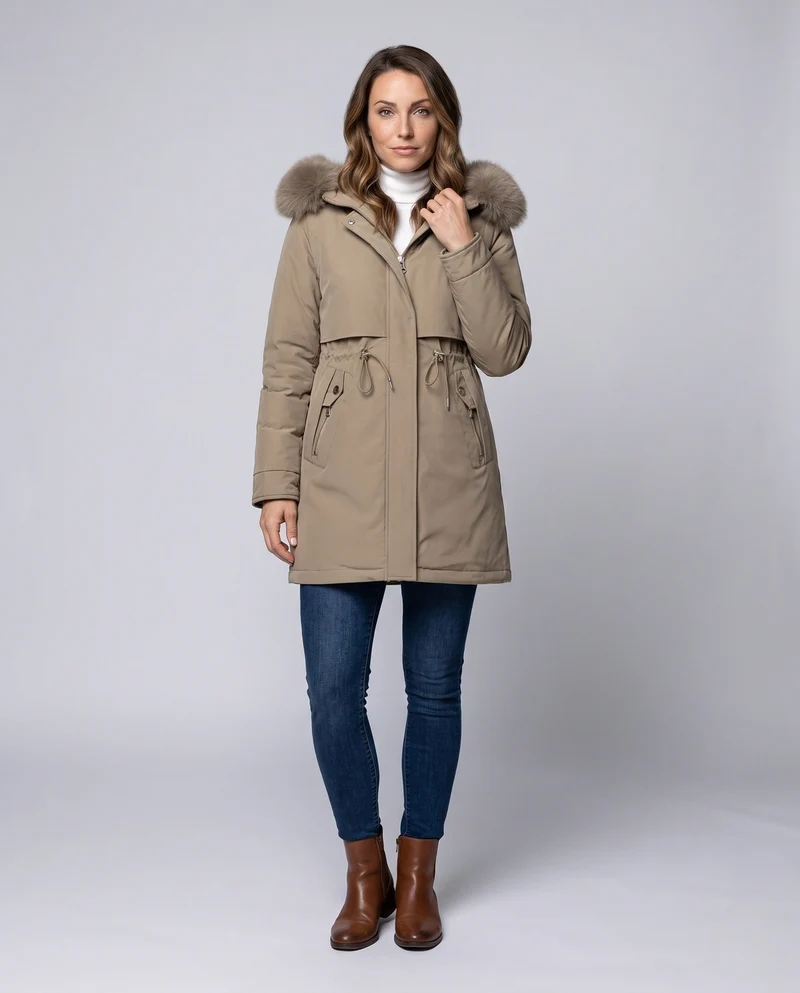Damen Nan Thermo Parka mit voluminösem Kunstfellkragen, taillierendem Kordelzug und verdecktem Reißverschluss