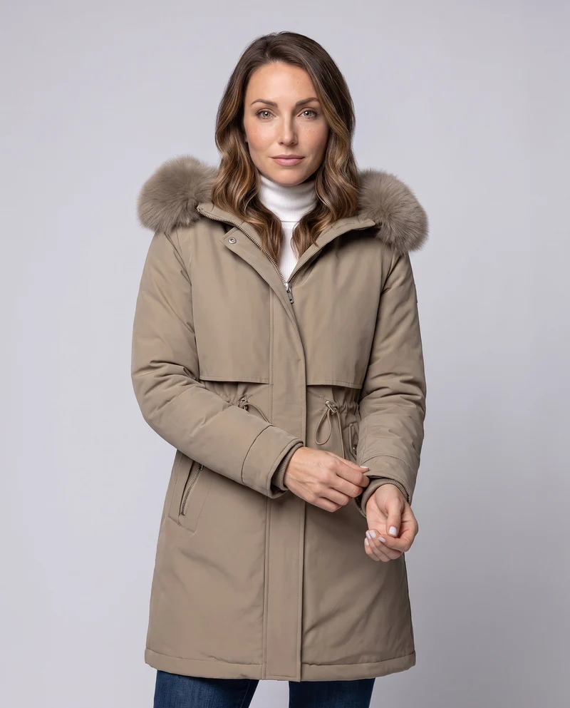 Damen Nan Thermo Parka mit voluminösem Kunstfellkragen, taillierendem Kordelzug und verdecktem Reißverschluss