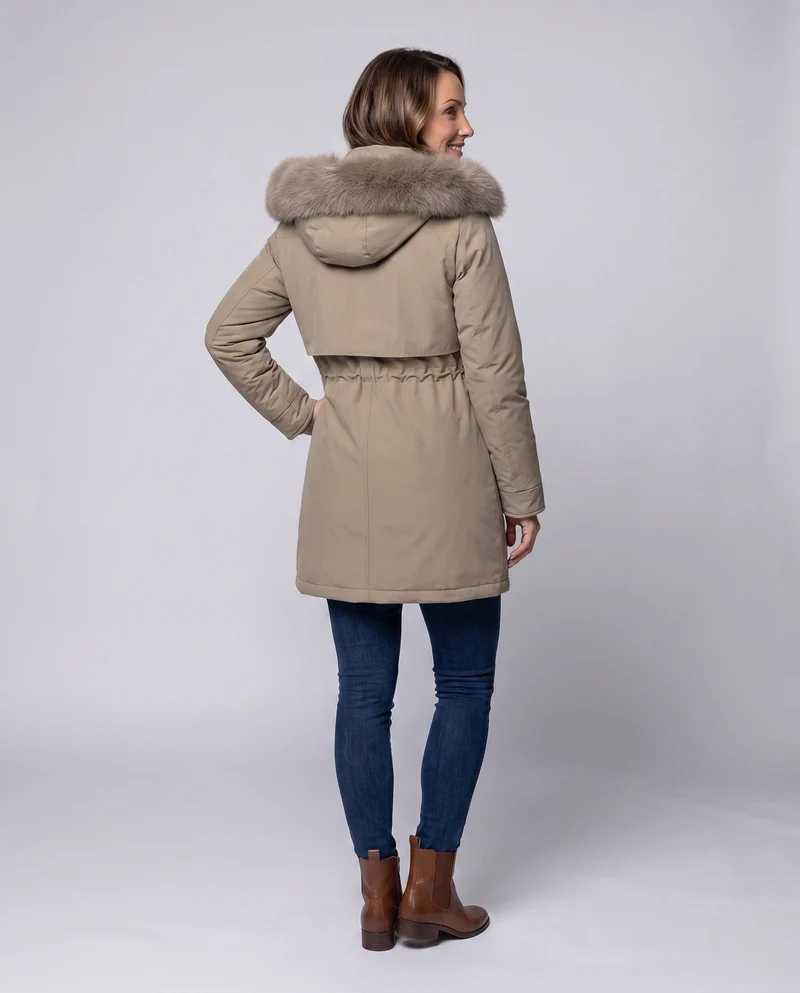 Damen Nan Thermo Parka mit voluminösem Kunstfellkragen, taillierendem Kordelzug und verdecktem Reißverschluss