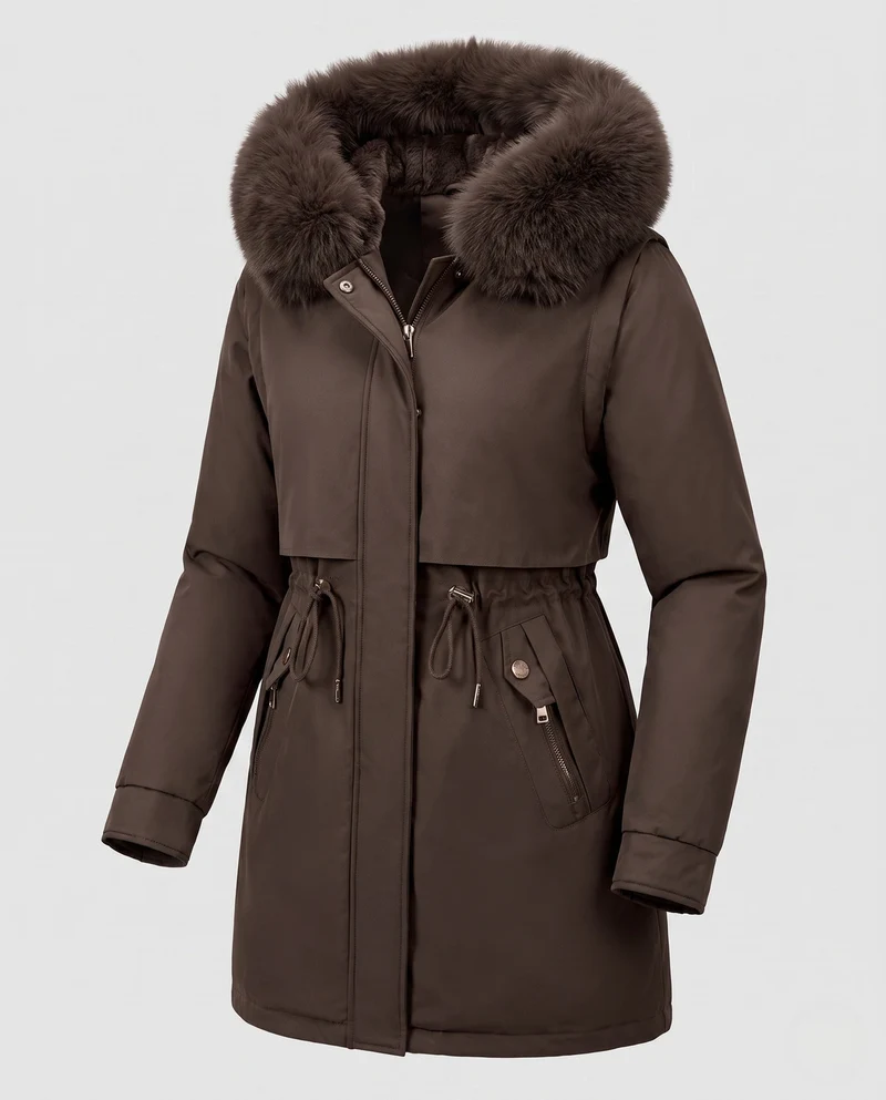 Damen Nan Thermo Parka mit voluminösem Kunstfellkragen, taillierendem Kordelzug und verdecktem Reißverschluss