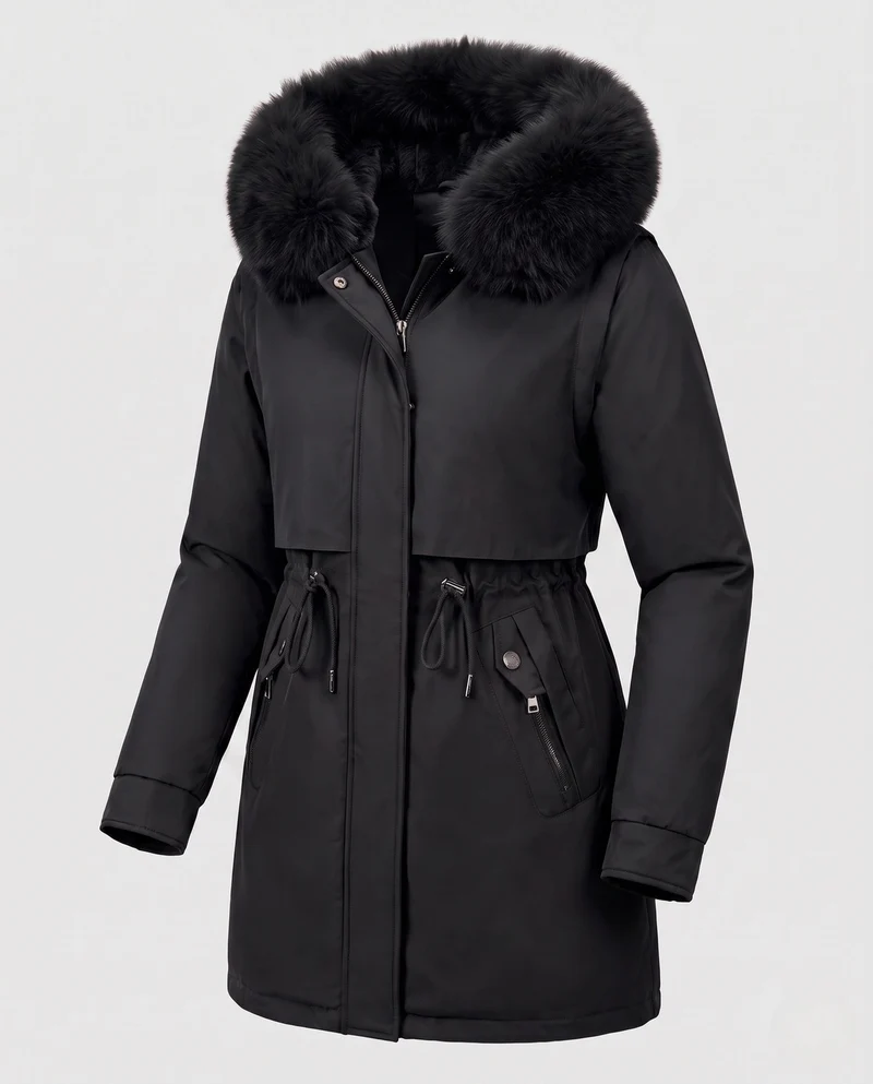 Damen Nan Thermo Parka mit voluminösem Kunstfellkragen, taillierendem Kordelzug und verdecktem Reißverschluss