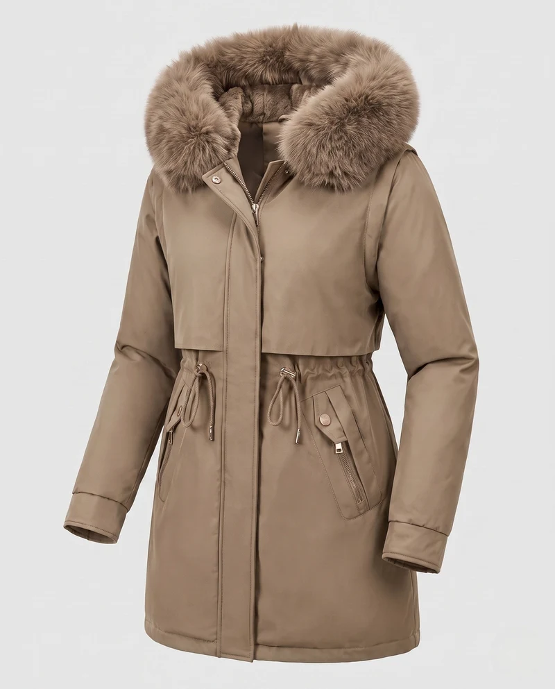 Damen Nan Thermo Parka mit voluminösem Kunstfellkragen, taillierendem Kordelzug und verdecktem Reißverschluss