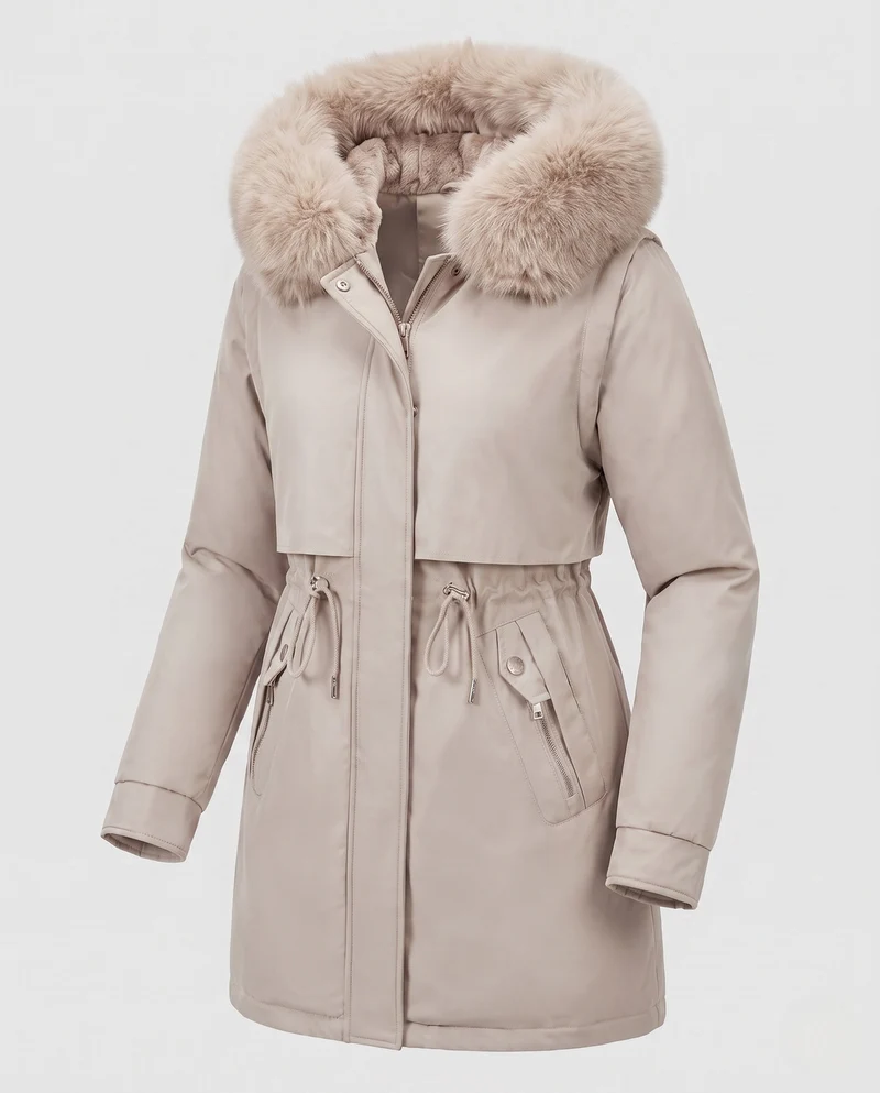 Damen Nan Thermo Parka mit voluminösem Kunstfellkragen, taillierendem Kordelzug und verdecktem Reißverschluss