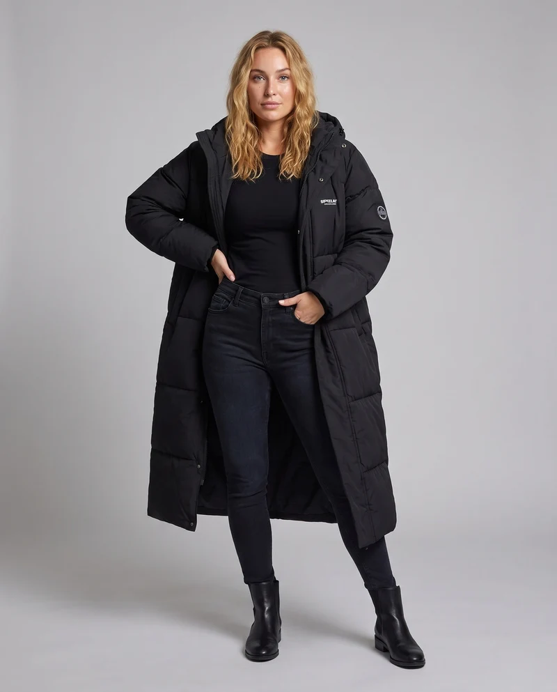 Damen Nano Ultra Lang Oversized Steppmantel mit geräuschreduzierendem Außenmaterial und Thermofüllung