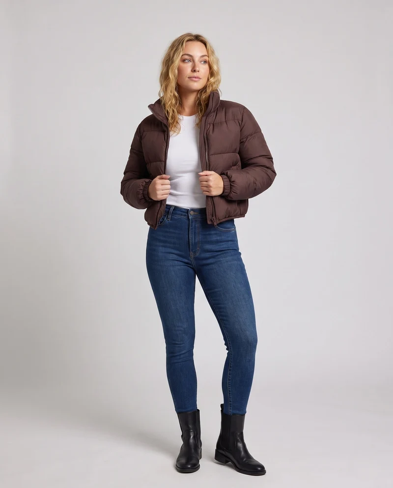 Damen ultraleichte kapuzenlose oversized Pufferjacke mit hohem Stehkragen, leiser Außenschicht und thermisch isolierender Füllung