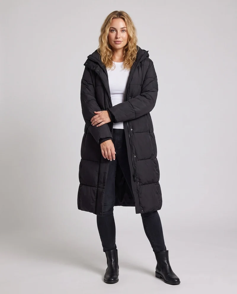 Damen ultraleichter Midi-Steppmantel mit verlängertem Rücken, innovativer Klima-Isolation und winddichtem Außenmaterial