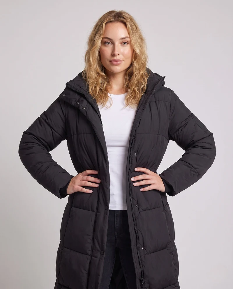 Damen ultraleichter Midi-Steppmantel mit verlängertem Rücken, innovativer Klima-Isolation und winddichtem Außenmaterial