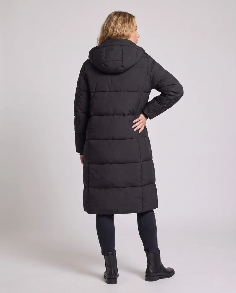 Damen ultraleichter Midi-Steppmantel mit verlängertem Rücken, innovativer Klima-Isolation und winddichtem Außenmaterial