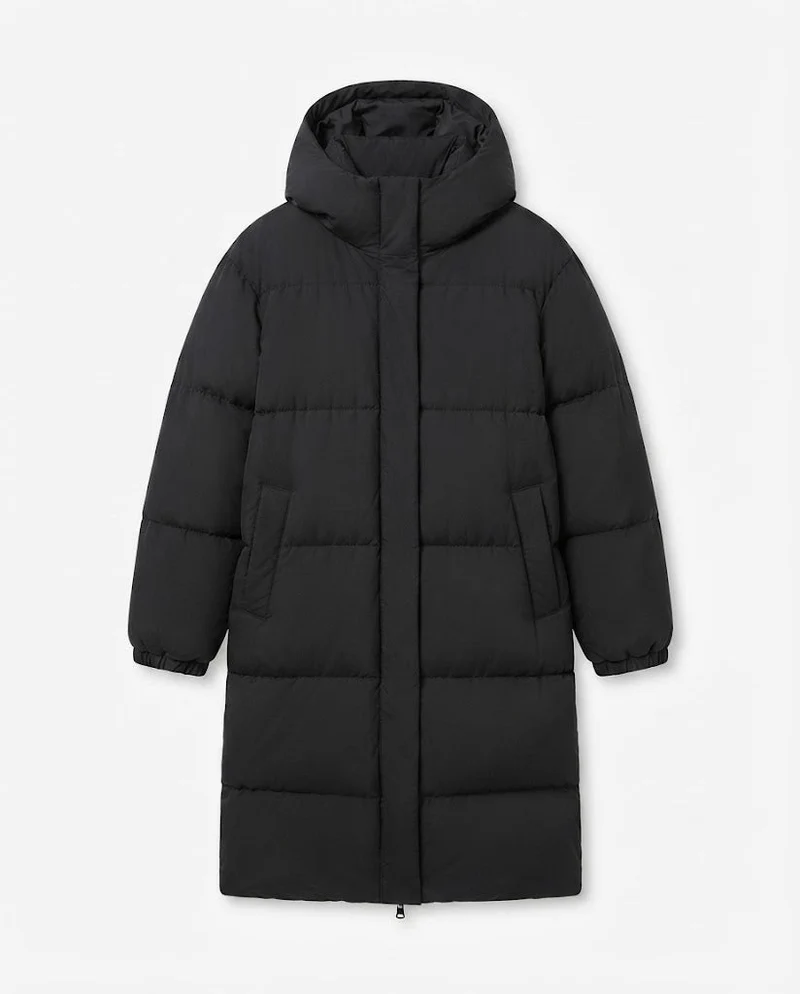 Damen Nan Ultra-Watt-beschichtete Longline-Pufferjacke mit ergonomischer Kapuze, verdecktem Druckknopfverschluss und thermoregulierender Isolierung