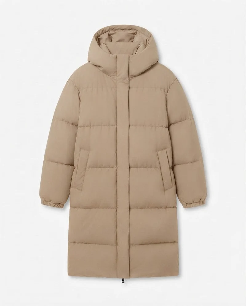 Damen Nan Ultra-Watt-beschichtete Longline-Pufferjacke mit ergonomischer Kapuze, verdecktem Druckknopfverschluss und thermoregulierender Isolierung