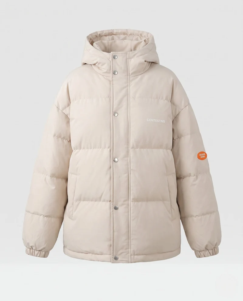 Damen urbane boxy Pufferjacke mit doppellagiger Kapuze und versteckter Druckknopf-Leiste