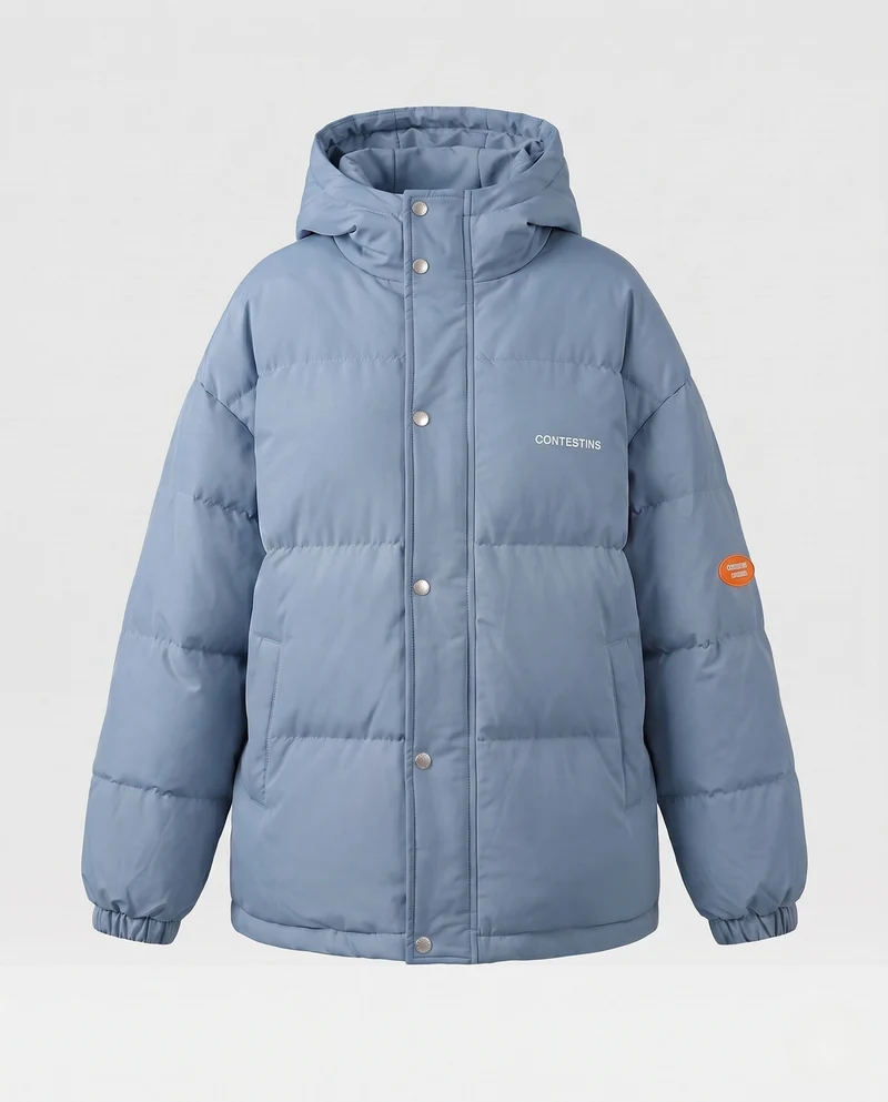 Damen urbane boxy Pufferjacke mit doppellagiger Kapuze und versteckter Druckknopf-Leiste