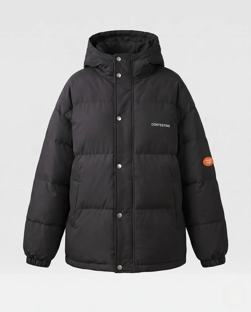 Damen urbane boxy Pufferjacke mit doppellagiger Kapuze und versteckter Druckknopf-Leiste