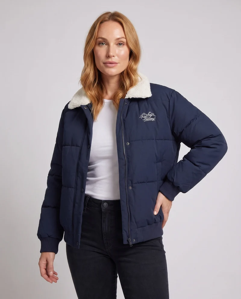 Damen städtischer boxy Puffer mit Sherpa-Schalkragen, gestepptem Quadratmuster und elastischen Rippbündchen