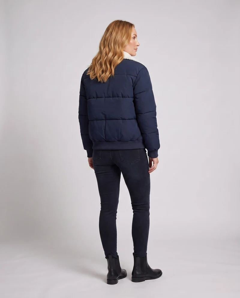 Damen städtischer boxy Puffer mit Sherpa-Schalkragen, gestepptem Quadratmuster und elastischen Rippbündchen