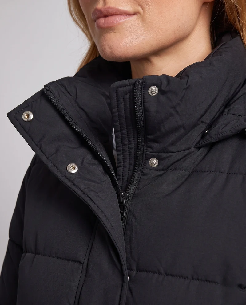 Damen urbane mid-lange Thermo-Pufferjacke mit Kapuze, verdeckter Frontleiste und geräumigen Einschubtaschen