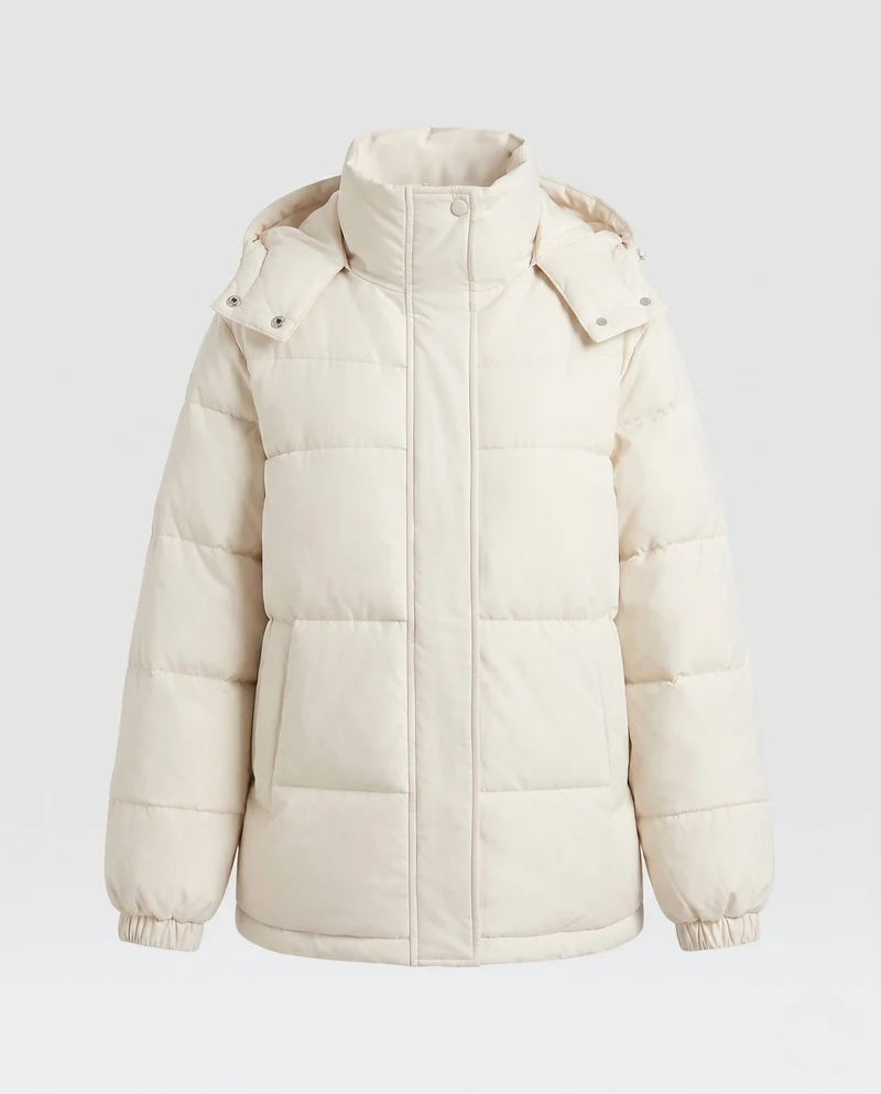 Damen urbane mid-lange Thermo-Pufferjacke mit Kapuze, verdeckter Frontleiste und geräumigen Einschubtaschen
