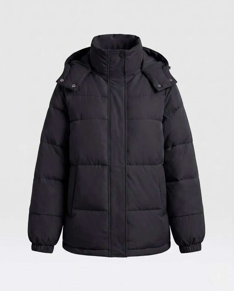 Damen urbane mid-lange Thermo-Pufferjacke mit Kapuze, verdeckter Frontleiste und geräumigen Einschubtaschen