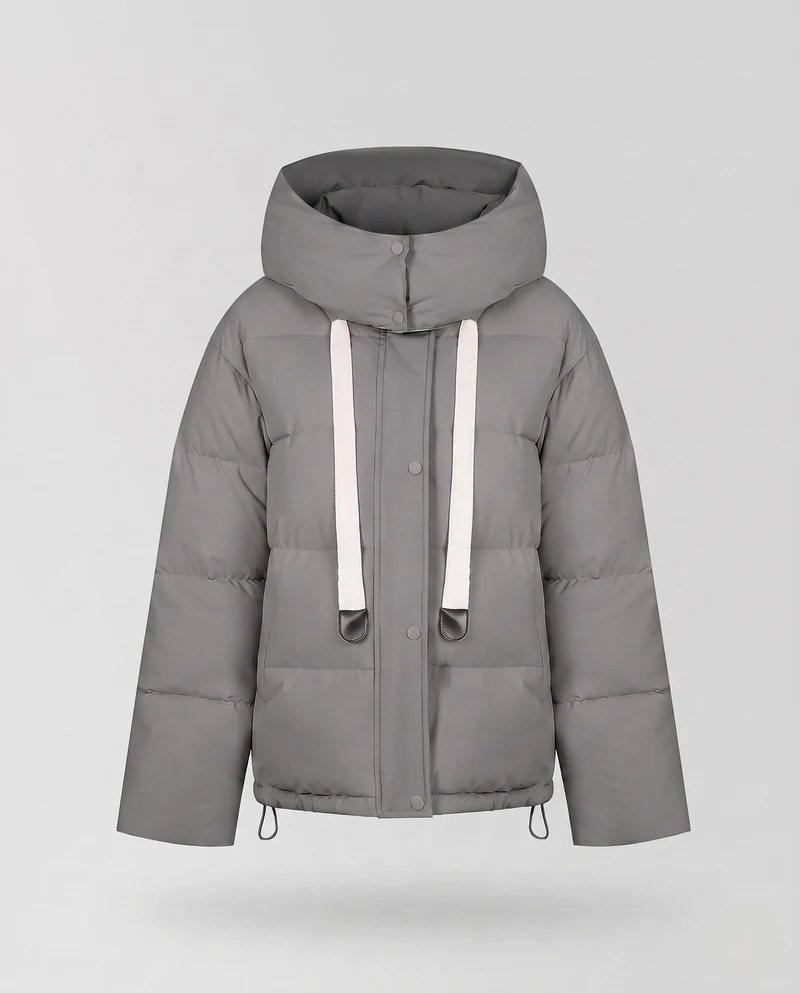 Damen Jacke ohne Polster mit Kapuze im oversized Boxy-Schnitt, hohem Kragen, Kordelzug und verdecktem Zwei-Wege-Reißverschluss