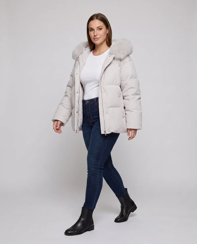 Damen Nan gesteppte kurze Parka mit voluminösem Kapuzenbesatz in Faux-Fur-Optik und extra weiten Ärmeln