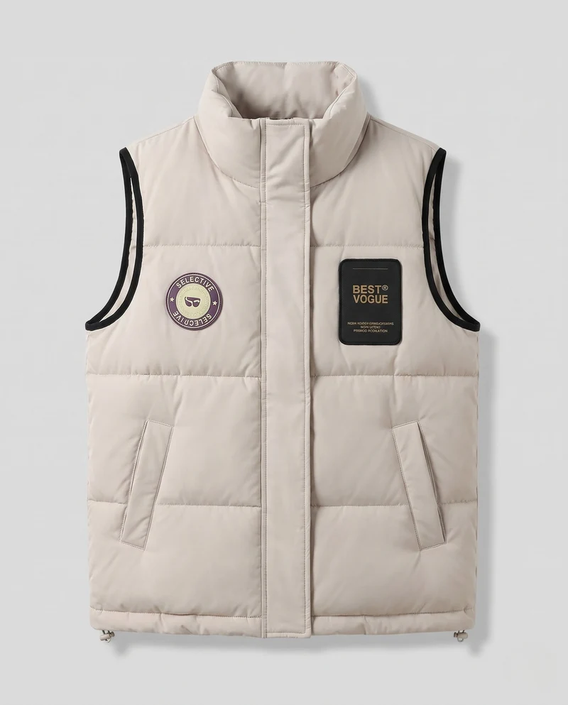 Damen nicht gepolsterte oversized gesteppte Weste mit hohem Kragen und Logo-Patches