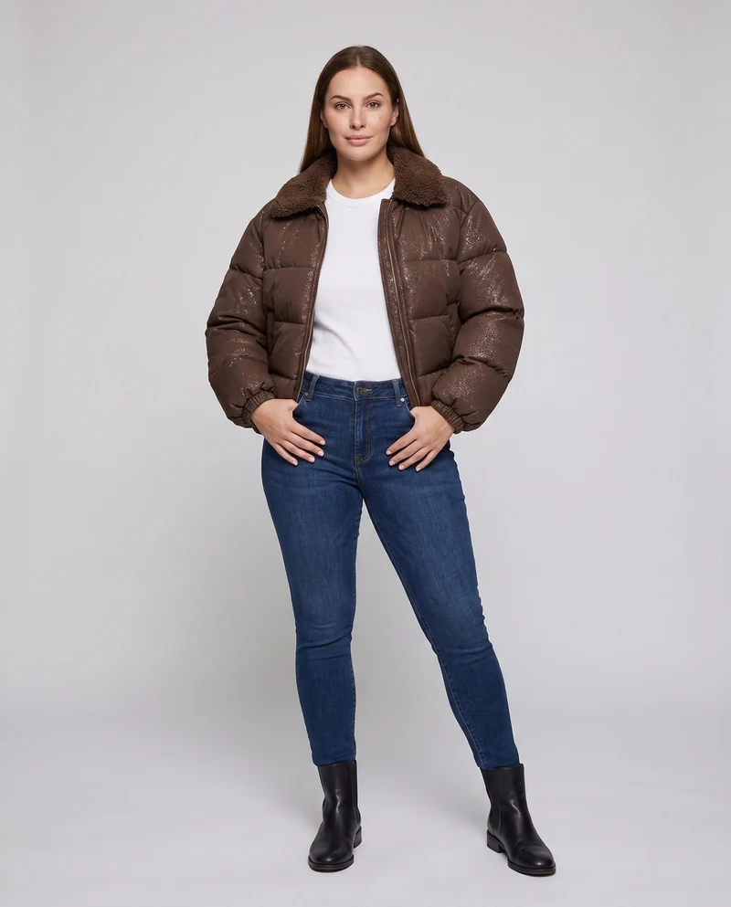 Damen nicht gepolsterte Pufferjacke mit Glitzereffekt und gemütlichem Kunstfellkragen